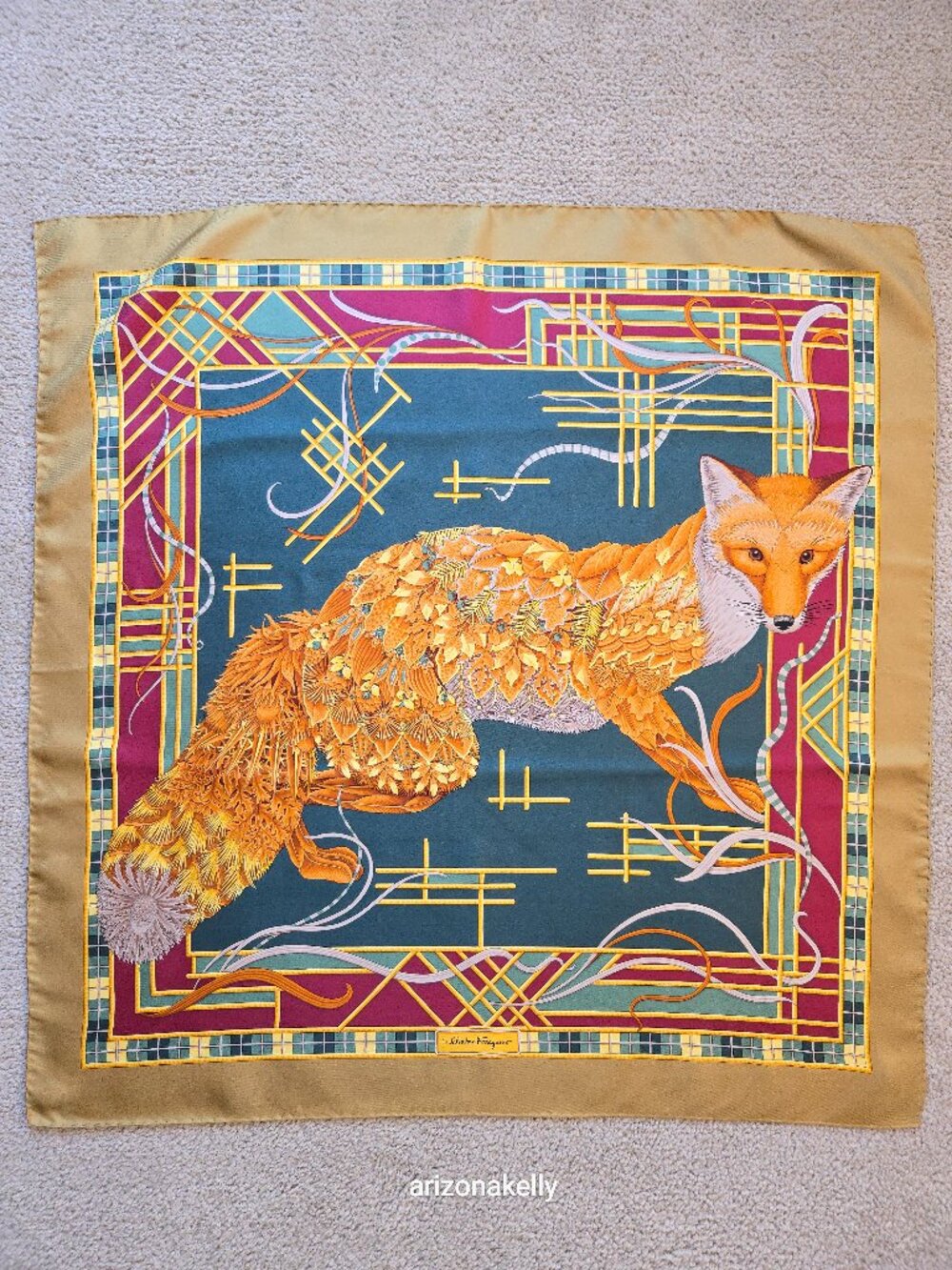 Ferragamo Silk Scarf Fox Flowers Leaves Hand Rolled Hems - Picture 3 of 13